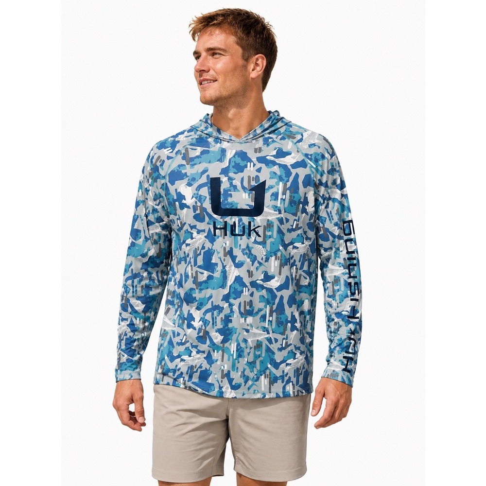 HUK Mens KC Icon Apex Vert Hoodie Blue Camo Patterned Hooded Fishing Sun Shirt